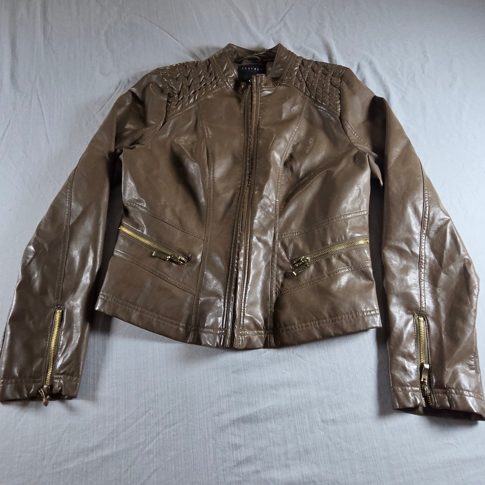 Therapy Tan Brown Faux Leather Moto Jacket Leopard Print Lining Size L ST 517984